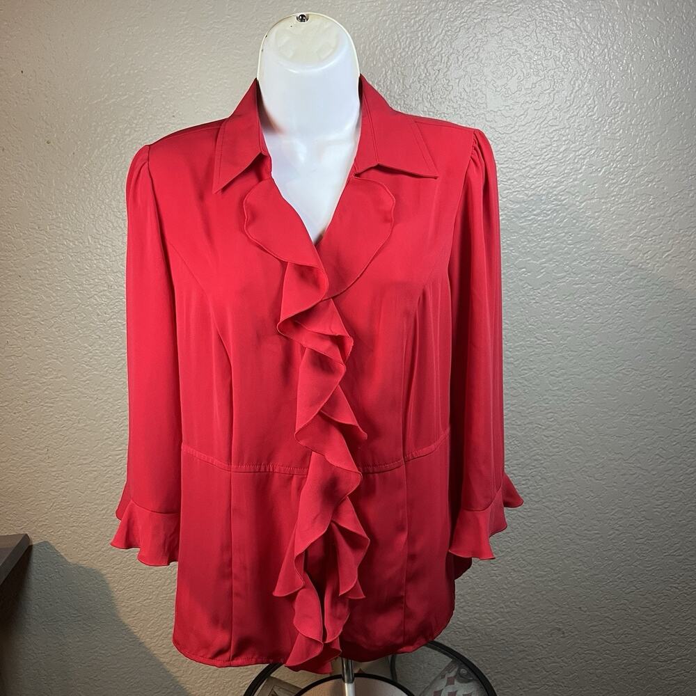 Kathy Che Red Blouse Small Ruffles Top Button Up 3/4 Sleeve Shirt Girl